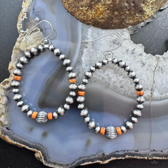 Native American Sterling 3-8 mm Navajo Pearl & Spiny Hoop Earrings For Women - Picture 1 of 10